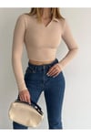 V Yaka Polo Regular Fit Dar Kalıp Uzun Crop Fitilli Bluz-Krem