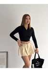 V Yaka Polo Regular Fit Dar Kalıp Uzun Crop Fitilli Bluz-Siyah