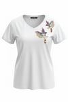 Kadın Beyaz V Yaka Kuş Desenli Taş ve Payet İşlemeli T-shirt