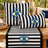 3'lü Duck Keten Mavi Göz Nakışlı Runner & Kırlent Kılıf Seti – 90x50 Runner + 45x45 & 28x50 cm