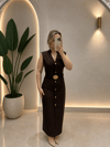 KAHVERENGİ GOLD DÜĞME DETAYLI SIFIR KOL ELBİSE