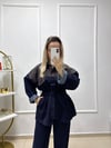 KAHVERENGİ LACİVERT BAĞLAMALI DENİM TAKIM