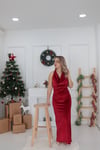 KIRMIZI DEGAJE YAKA KADİFE ELBİSE