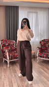Kahve Örme İnce Kemer Pantolon