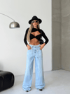 Açık Mavi Ultra Geniş Paça Bağcıklı Denim Pantolon