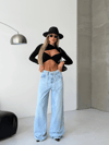 Açık Mavi Ultra Geniş Paça Bağcıklı Denim Pantolon