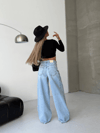 Açık Mavi Ultra Geniş Paça Bağcıklı Denim Pantolon