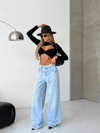 Açık Mavi Ultra Geniş Paça Bağcıklı Denim Pantolon