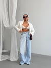 Açık Mavi Yüksek Bel Dantel Detaylı Jean Pantolon Kadın Wide Leg Denim Pantolon