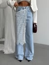 Açık Mavi Yüksek Bel Dantel Detaylı Jean Pantolon Kadın Wide Leg Denim Pantolon