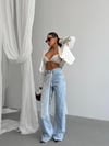 Açık Mavi Yüksek Bel Dantel Detaylı Jean Pantolon Kadın Wide Leg Denim Pantolon