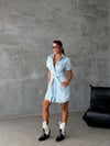 adın Kısa Kollu Kuşaklı Gömlek Yaka Spor Şık Mini Denim Elbise