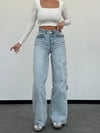 Arkası Pencereli Işıltılı Taşlı Kargo Cepli Wide-Leg Pamuklu Denim Pantolon