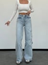 Arkası Pencereli Işıltılı Taşlı Kargo Cepli Wide-Leg Pamuklu Denim Pantolon