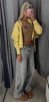 Bağcık Detaylı Yüksek Bel Geniş Paça Gri Denim Pantolon