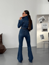 Bel Vurgulu Uzun Kollu Denim Tulum – İspanyol Paça