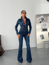 Bel Vurgulu Uzun Kollu Denim Tulum – İspanyol Paça
