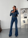 Bel Vurgulu Uzun Kollu Denim Tulum – İspanyol Paça
