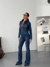Bel Vurgulu Uzun Kollu Denim Tulum – İspanyol Paça