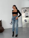 Çapraz Bel Tasarım Mavi Denim Pantolon - Yüksek Bel Mom/Straight Fit