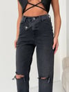 Çapraz Bel Tasarım Mavi Denim Pantolon - Yüksek Bel Mom/Straight Fit