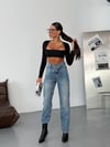 Çapraz Bel Tasarım Mavi Denim Pantolon - Yüksek Bel Mom/Straight Fit