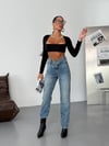 Çapraz Bel Tasarım Mavi Denim Pantolon - Yüksek Bel Mom/Straight Fit