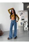 Çift Düğmeli Yüksek Bel Yırtmaç Detaylı Wide Leg Jean Pantolon – Mavi