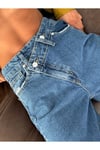 Çift Düğmeli Yüksek Bel Yırtmaç Detaylı Wide Leg Jean Pantolon – Mavi