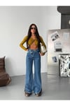Çift Düğmeli Yüksek Bel Yırtmaç Detaylı Wide Leg Jean Pantolon – Mavi