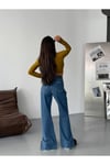 Çift Düğmeli Yüksek Bel Yırtmaç Detaylı Wide Leg Jean Pantolon – Mavi