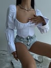 Crop Büstiyer Bluz Kare Yaka Büzgülü Uzun Kollu Şık Kadın Üst