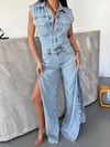 Denim Tulum Yırtmaç Detaylı Bol Paça Şık Kadın Jean Tulum