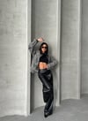 Deri Yakalı Leopar Desenli Oversize Denim Mont