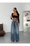Desenli Kuşak Detaylı Geniş Paça Mavi Denim Pantolon