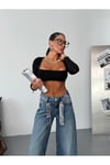 Desenli Kuşak Detaylı Geniş Paça Mavi Denim Pantolon