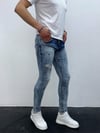 Erkek Açık Mavi Boya Sıçratmalı Yırtık Detay Slim Fit Skinny Jean Pantolon