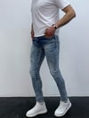 Erkek Açık Mavi Boya Sıçratmalı Yırtık Detay Slim Fit Skinny Jean Pantolon