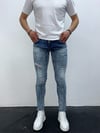Erkek Açık Mavi Boya Sıçratmalı Yırtık Detay Slim Fit Skinny Jean Pantolon