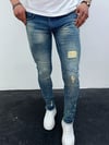 Erkek Açık Mavi Yıpratma Detay Slim Fit Likralı Skinny Jean Pantolon