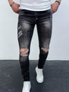 Erkek Füme Yazı Baskılı Yırtık Detay Slim Fit Skinny Jean Pantolon