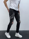 Erkek Füme Yazı Baskılı Yırtık Detay Slim Fit Skinny Jean Pantolon