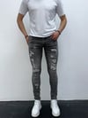 Erkek Gri Yıkamalı Yırtık Detay Slim Fit Likralı Skinny Jean Pantolon
