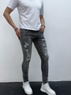Erkek Gri Yıkamalı Yırtık Detay Slim Fit Likralı Skinny Jean Pantolon
