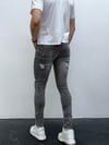 Erkek Gri Yıkamalı Yırtık Detay Slim Fit Likralı Skinny Jean Pantolon