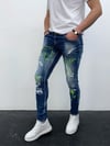 Erkek Mavi Graffiti Baskılı Slim Fit Likralı Skinny Jean Pantolon