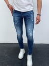 Erkek Mavi Taşlamalı Yırtık Detay Slim Fit Likralı Skinny Jean Pantolon