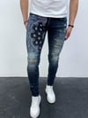 Erkek Slim Fit Bandana Desenli Yırtık Detaylı Likralı Denim Jean Pantolon Koyu Mavi