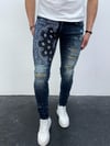 Erkek Slim Fit Bandana Desenli Yırtık Detaylı Likralı Denim Jean Pantolon Koyu Mavi