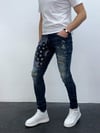 Erkek Slim Fit Bandana Desenli Yırtık Detaylı Likralı Denim Jean Pantolon Koyu Mavi
